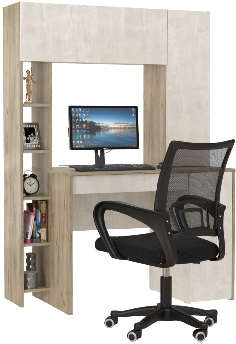КР100 Стол компьютерный Комфорт 12.71 + кресло 103 чёрное, цвет дуб крафт серый/шёлковый камень, ШхГхВ 116,7х60,2х165,4 см., НЕ универсальная сборка