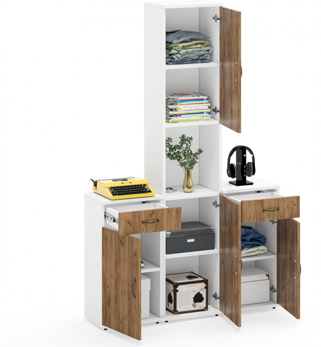 Лидер-8 Пенал + Тумба МД 3.15 + Тумба МД 3.15, цвет белый шагрень/крафт золото, ШхГхВ 120х30х190 см., универсальная сборка