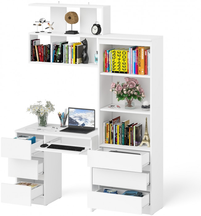Мори Стол компьютерный МС-6 левый + Стеллаж МСТ600.3 + Полка 900, цвет белый, ШхГхВ 150,4х50х209,6 см., НЕ универсальная сборка