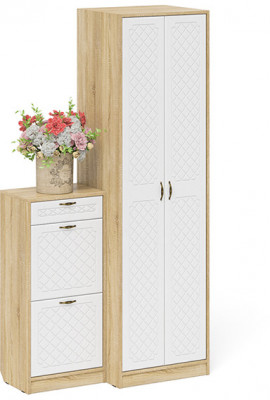 Прихожая П-6 Компоновка № 16, цвет дуб сонома/фасады МДФ белое дерево фрезеровка ромб, ШхГхВ 110х50х210 см., универсальная сборка