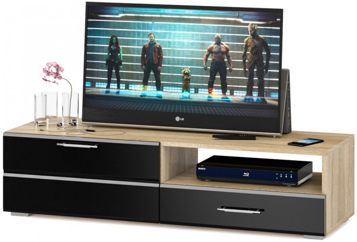 Тумба под ТВ Ларго 1, корпус дуб сонома/фасады МДФ чёрный глянец