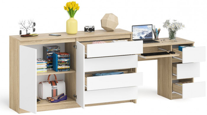 Мори компьютерный стол МС-6 правый + Комод МК1600.1, дуб сонома/белый