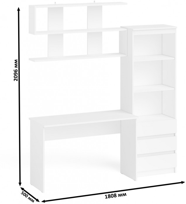 Мори письменный стол МСП1200.1 + Стеллаж МСТ600.3 + Полка 1200, белый