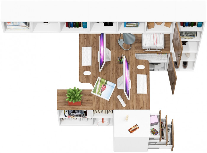 Лидер-8 Стол + Полка + Стол + Полка + Пенал + Тумба МД 3.16, цвет белый шагрень/крафт золото, 410х50/30х75/190 или 270х120/50х75/190 см., НЕ ун. сб.