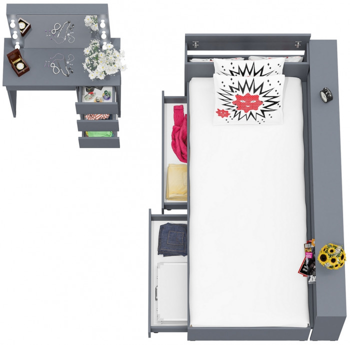 Ксения Кровать с ящиками 0900 + прикроватный блок + Столик с подсветкой Сура, графит