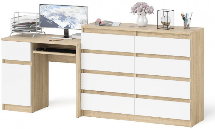 Мори компьютерный стол МС-1 левый + Комод МК1200.8, дуб сонома/белый