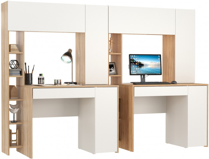 КР100 Два стола компьютерных Комфорт 12.71, цвет дуб сонома/белый/дуб золотой/белый, ШхГхВ 233,4х60,2х165,4 см., НЕ универсальная сборка