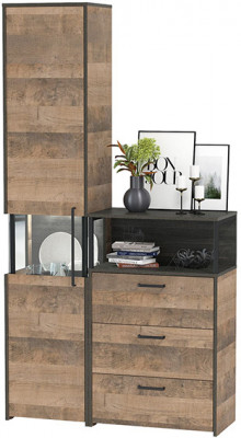 Трувор 13.205 Шкаф-пенал с витриной + 13.307.02 Комод с ящиками, цвет дуб гранж песочный/интра, ШхГхВ 110,8х37х210 см., универсальная сборка