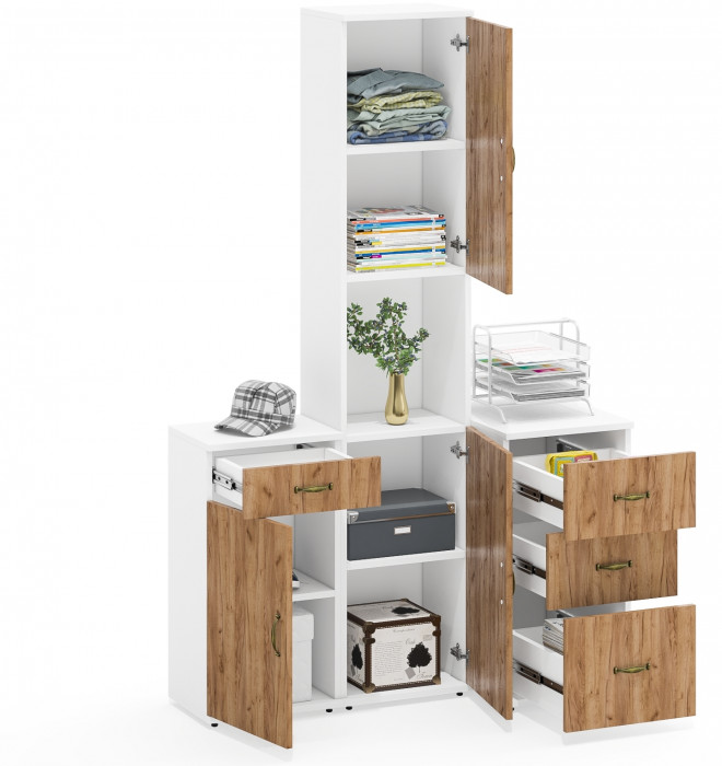 Лидер-8 Пенал + Тумба МД 3.15 + Тумба МД 3.16, цвет белый шагрень/крафт золото, ШхГхВ 120х50х190 см., универсальная сборка