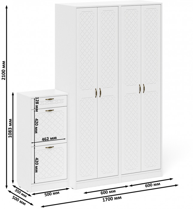 Прихожая П-6 Компоновка № 13, белая шагрень/фасады МДФ белое дерево фрезеровка ромб