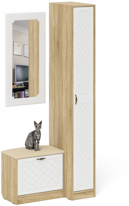 Прихожая П-6 Компоновка № 40, дуб сонома/фасады МДФ белое дерево фрезеровка ромб