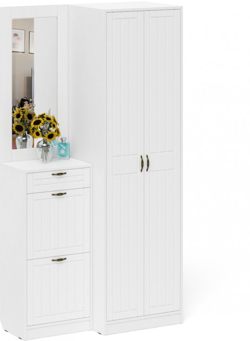 Прихожая П-6 Компоновка № 17, цвет белая шагрень/фасады МДФ белое дерево фрезеровка прованс, ШхГхВ 110х50х210 см., универсальная сборка