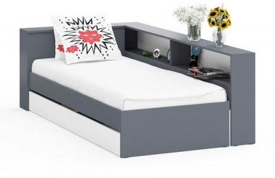 Ксения Кровать с ящиками 0900 + прикроватный блок, графит/белый