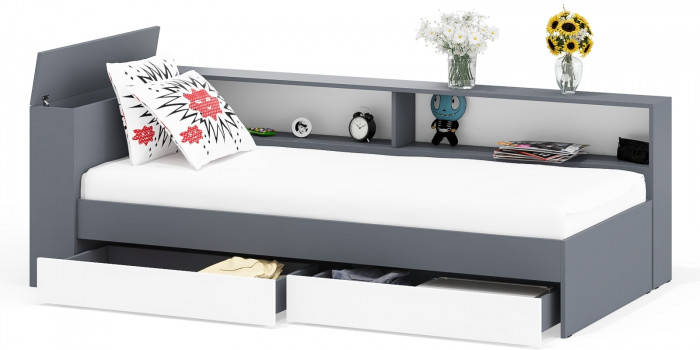 Ксения Кровать с ящиками 0900 + прикроватный блок, графит/белый
