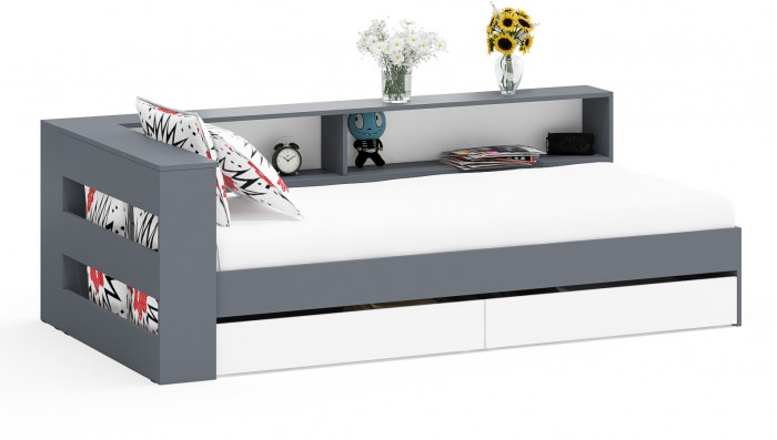 Ксения Кровать с ящиками 0900 + прикроватный блок, графит/белый