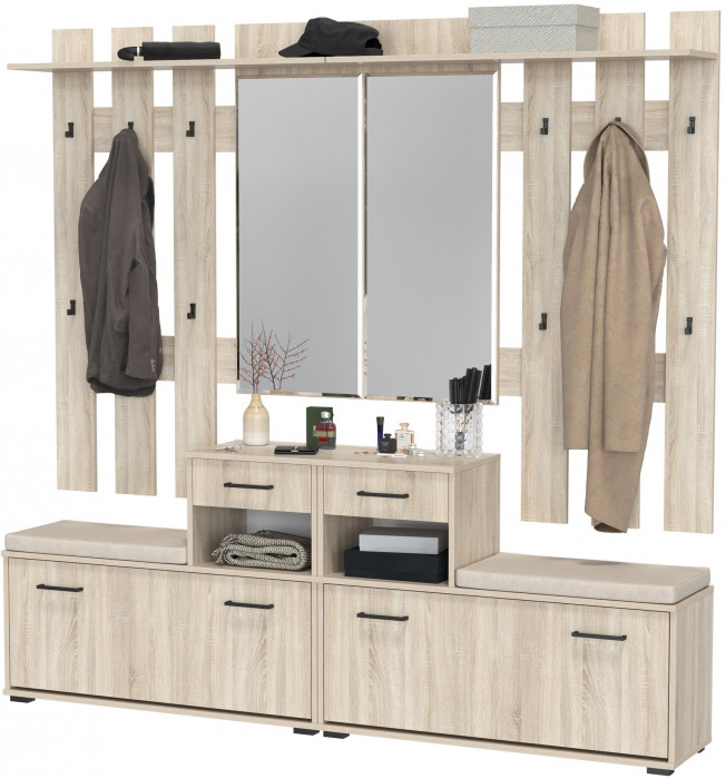Лира ГК Прихожая 2 Два х Тумба под обувь + Два х Вешалка с зеркалом, дуб сонома