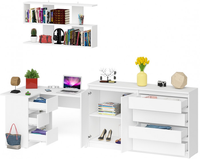 Мори компьютерный стол МС-16 левый + Комод МК1600.1 + Полка 1200, белый