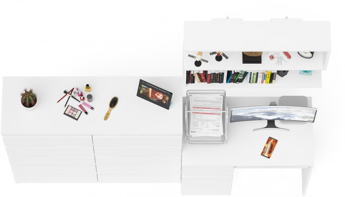 Мори Стол компьютерный МС-1 левый + Комод МК1200.10 + Полка 900, цвет белый, ШхГхВ 210,4х50х209,6 см., НЕ универсальная сборка