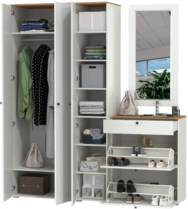 Остин Прихожая 40, цвет белый шагрень/дуб крафт золотой, ШхГхВ 200х54,3х229,6 см., универсальная сборка