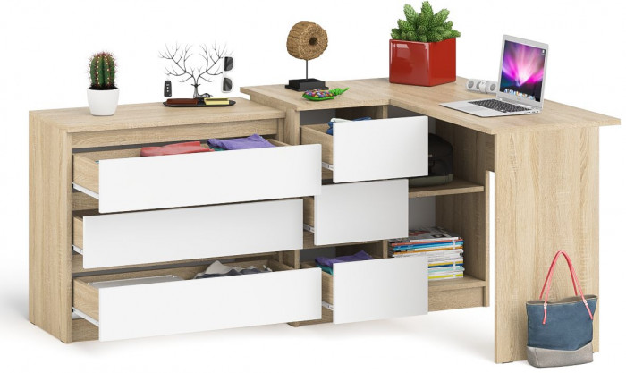 Мори компьютерный стол МС-16 левый + Комод МК800.1, дуб сонома/белый