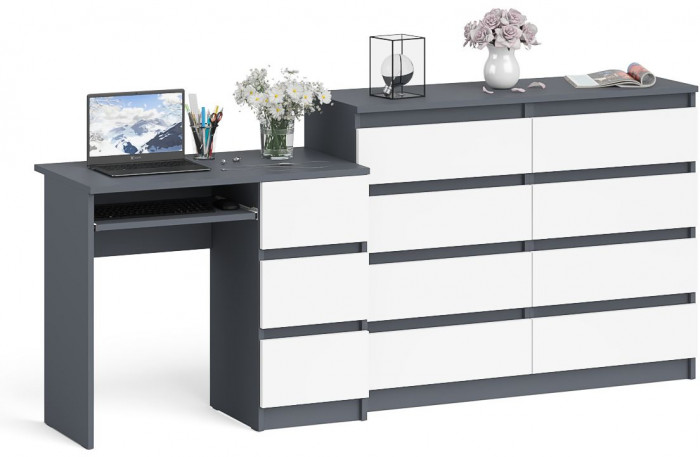 Мори Стол компьютерный МС-6 правый + Комод МК1200.8, цвет графит/белый, ШхГхВ 210,4х50х94 см., выдвижные ящики справа, НЕ универсальная сборка