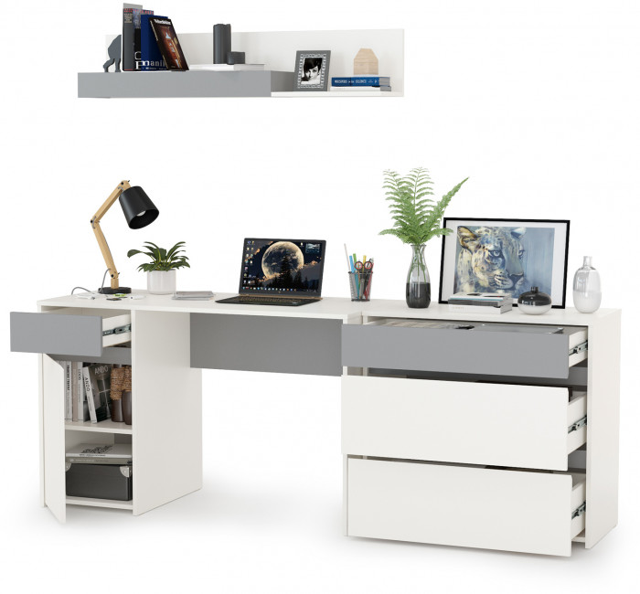 Торонто 12.149 Стол + 13.321 Комод + 16.475 Полка, белый шагрень/стальной серый