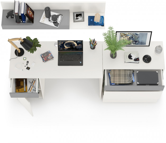 Торонто 12.149 Стол + 13.321 Комод + 16.475 Полка, белый шагрень/стальной серый