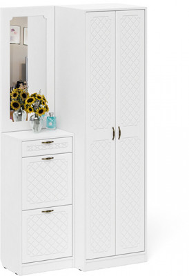 Прихожая П-6 Компоновка № 17, цвет белая шагрень/фасады МДФ белое дерево фрезеровка ромб, ШхГхВ 110х50х210 см., универсальная сборка