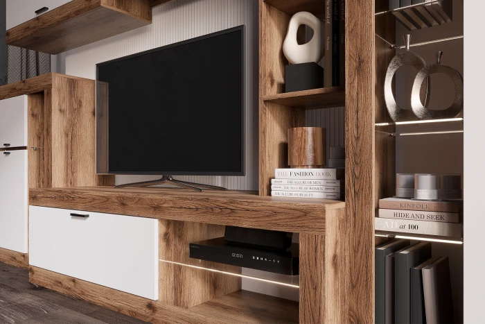 Прага Модульная Гостиная, вариант №4, Дуб Делано/Белый глянец