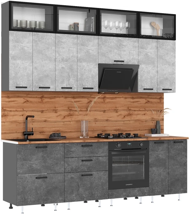 ЛДСП Кухня Рио NEW 2,4м, Компановка №4 Бетон светлый/Бетон темный, Графит (Дуб вотан)