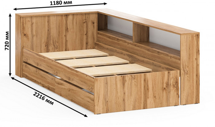 Ксения Кровать с ящиками 0900 + прикроватный блок + Столик с подсветкой Сура, дуб вотан
