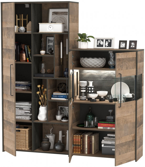 Трувор 13.206 Шкаф-стеллаж + 13.306 Комод с витриной, цвет дуб гранж песочный/интра, ШхГхВ 178,8х37х194,2 см., универсальная сборка