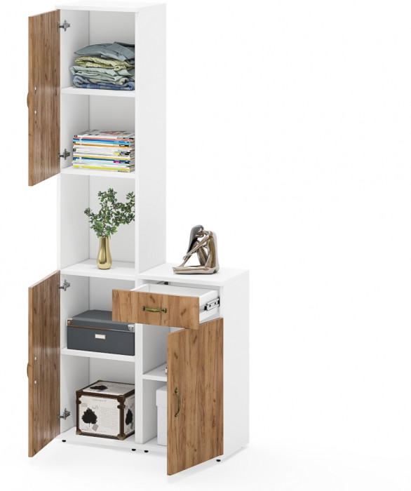 Лидер-8 Пенал + Тумба МД 3.15, цвет белый шагрень/крафт золото, ШхГхВ 80х30х190 см., универсальная сборка