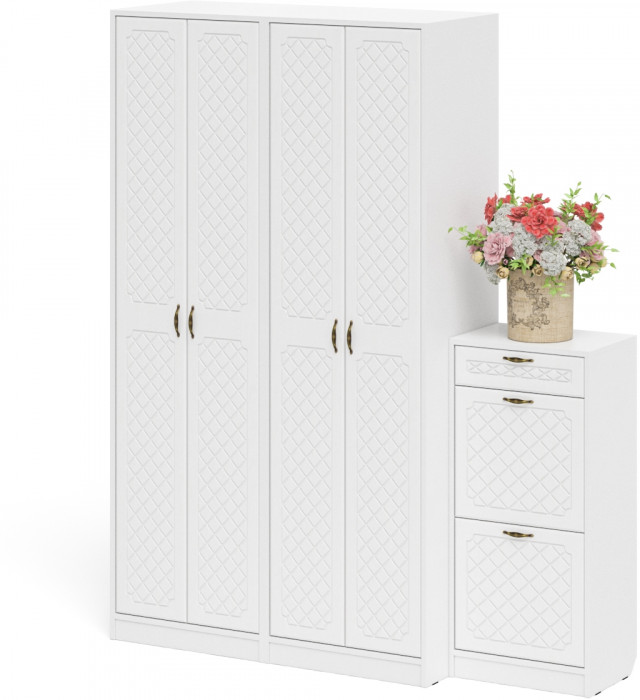 Прихожая П-6 Компоновка № 13, цвет белая шагрень/фасады МДФ белое дерево фрезеровка ромб, ШхГхВ 170х50х210 см., универсальная сборка