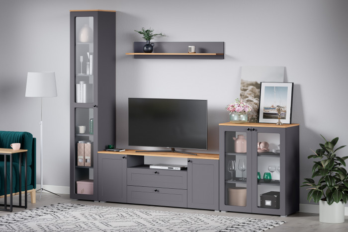 Остин 16.394.01 Шкаф-витрина(тумба), серый графит/дуб крафт золотой