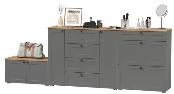 Остин 16.221 Комод + 16.121 Тумба для обуви + 13.257 Тумба, цвет серый графит/дуб крафт золотой, ШхГхВ 280х41,9х99,3 см.