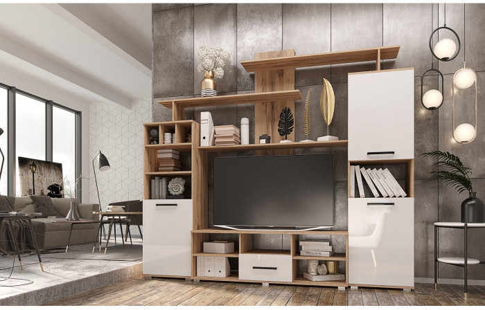 Гостиная Мини 2 (Дуб крафт/ Белый Глянец)