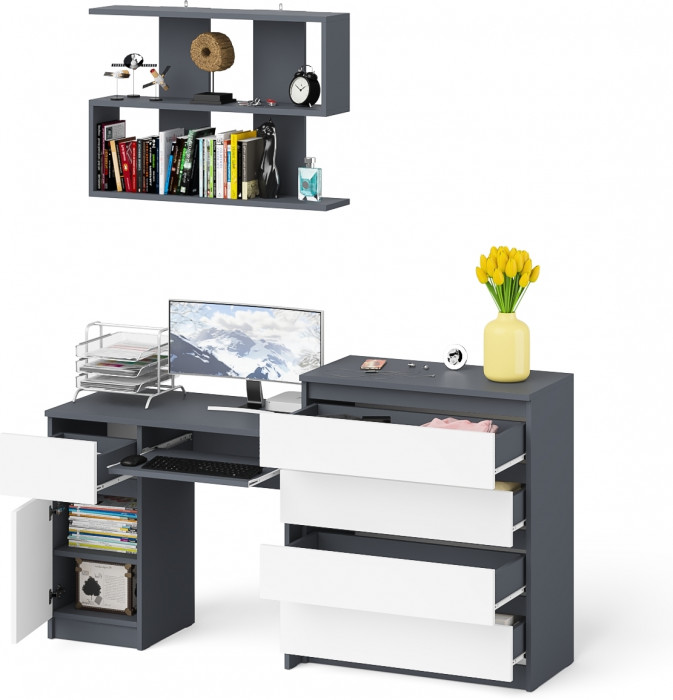 Мори компьютерный стол МС-1 левый + Комод МК800.4 + Полка 900, графит/белый