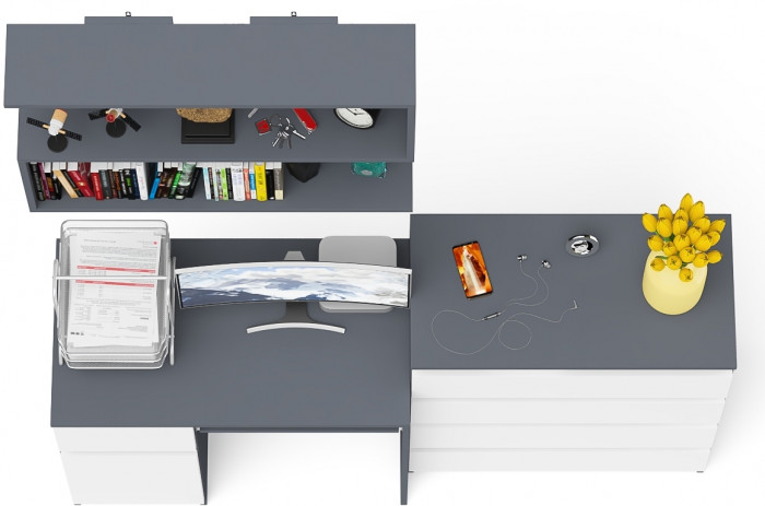 Мори компьютерный стол МС-1 левый + Комод МК800.4 + Полка 900, графит/белый