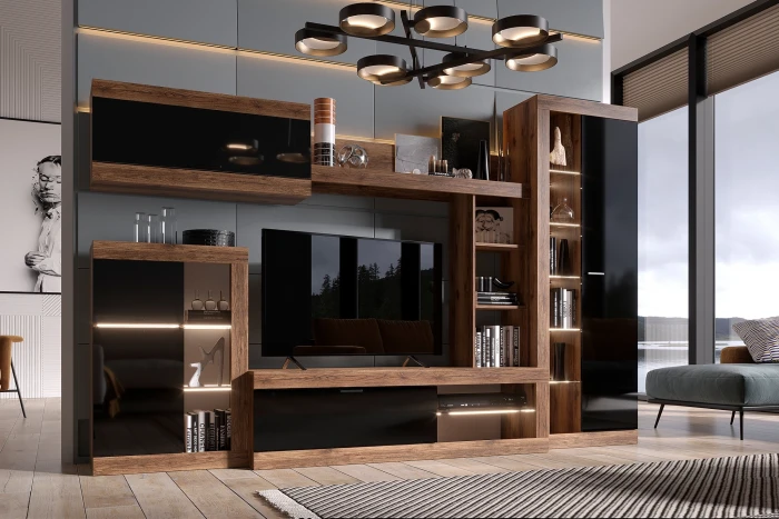 Прага Модульная Гостиная, вариант №4, Дуб Делано/Черный глянец