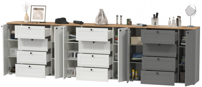 Остин 16.221 Комод + 16.221 Комод + 16.221 Комод, белый шагрень/серый графит/дуб крафт золотой