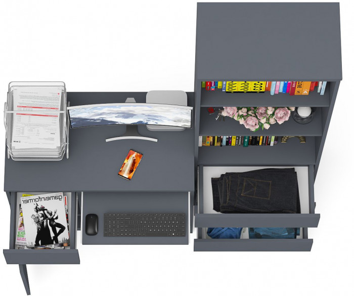 Мори Стол компьютерный МС-1 левый + Стеллаж МСТ600.3, цвет графит, ШхГхВ 150,4х50х179,6 см., выдвижной ящик слева, НЕ универсальная сборка