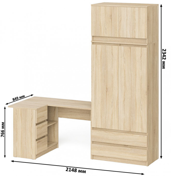 Мори Стол компьютерный МС-16 левый + Шкаф МШ900.1 + Антресоль МА900.1, цвет дуб сонома, ШхГхВ 214,8х84,9х234,2 см., выдвиж. ящики слева, НЕ ун. сб.