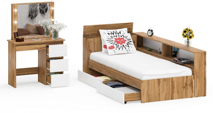 Ксения Кровать с ящиками 0900 + прикроватный блок + Столик с подсветкой Сура, дуб вотан/белый