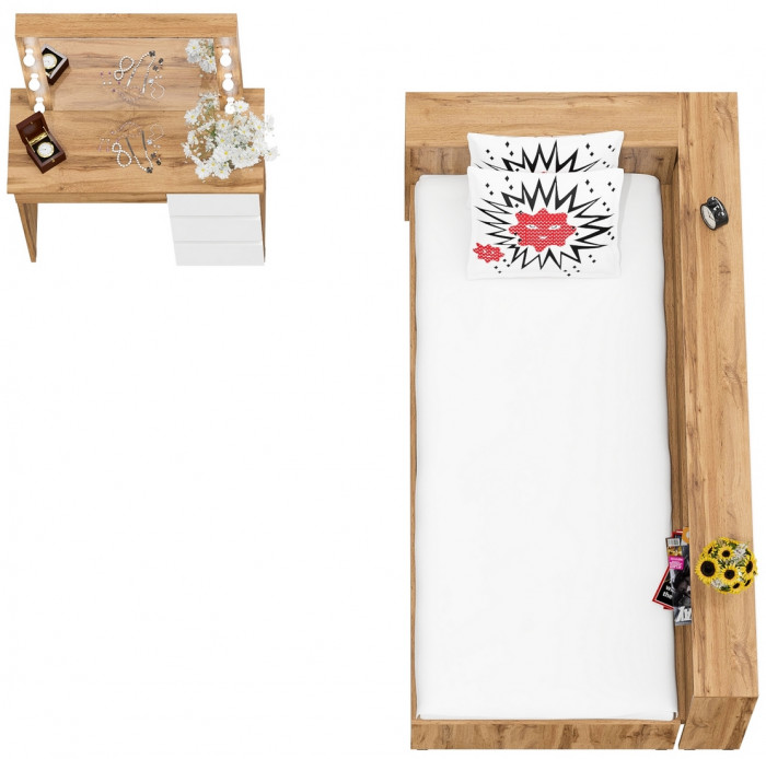 Ксения Кровать с ящиками 0900 + прикроватный блок + Столик с подсветкой Сура, дуб вотан/белый