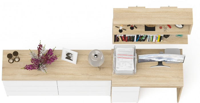 Мори компьютерный стол МС-1 левый + Комод МК1380.6 + Полка 900, дуб сонома/белый