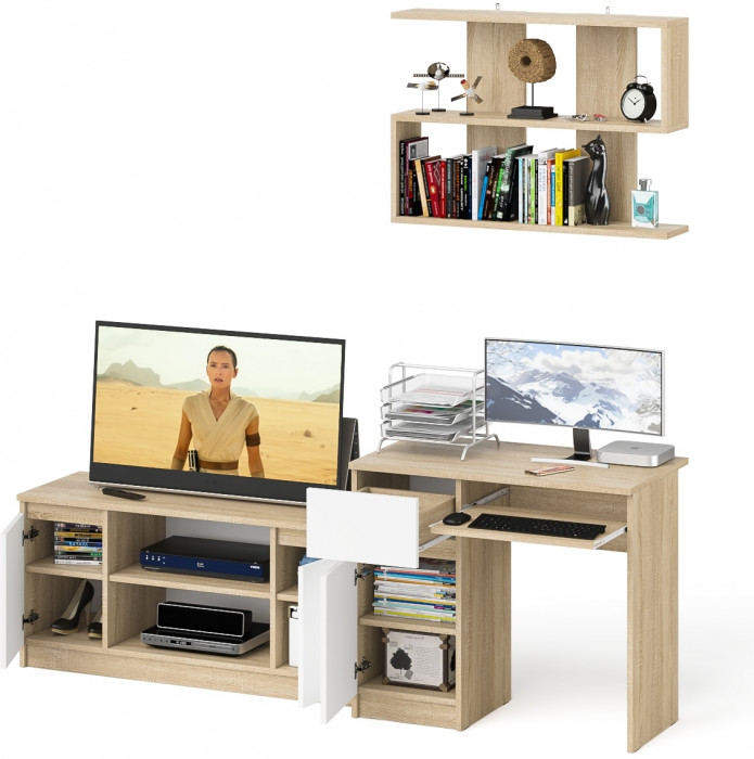 Мори Стол компьютерный МС-1 левый + Тумба МТВ1200.1 + Полка 900, цвет дуб сонома/белый, ШхГхВ 210,4х50х209,6 см., НЕ универсальная сборка