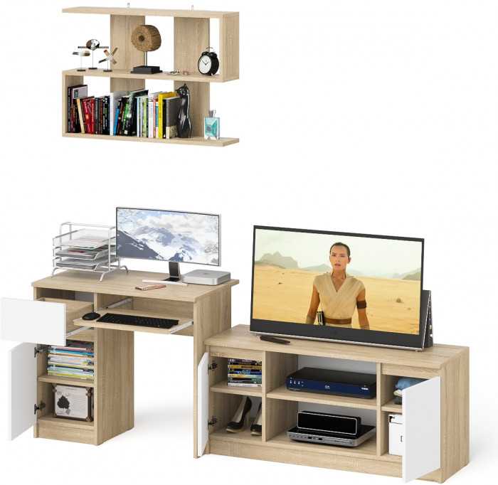 Мори Стол компьютерный МС-1 левый + Тумба МТВ1200.1 + Полка 900, цвет дуб сонома/белый, ШхГхВ 210,4х50х209,6 см., НЕ универсальная сборка