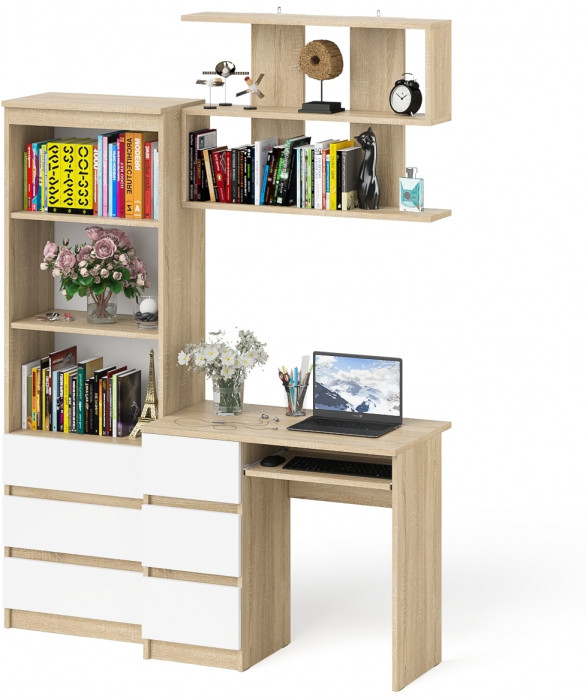 Мори Стол компьютерный МС-6 левый + Стеллаж МСТ600.3 + Полка 900, цвет дуб сонома/белый, ШхГхВ 150,4х50х209,6 см., НЕ универсальная сборка