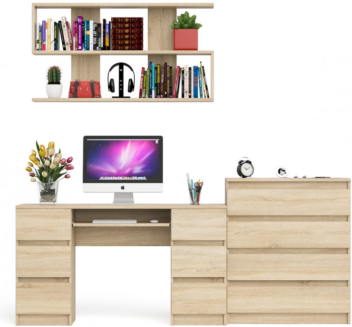 Мори компьютерный стол МС-2 + Комод МК800.4 + Полка 1200, дуб сонома